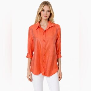 Multiples Bright Coral Blouse High Low Size Large 3/4 Sleeve Triangular Buttons